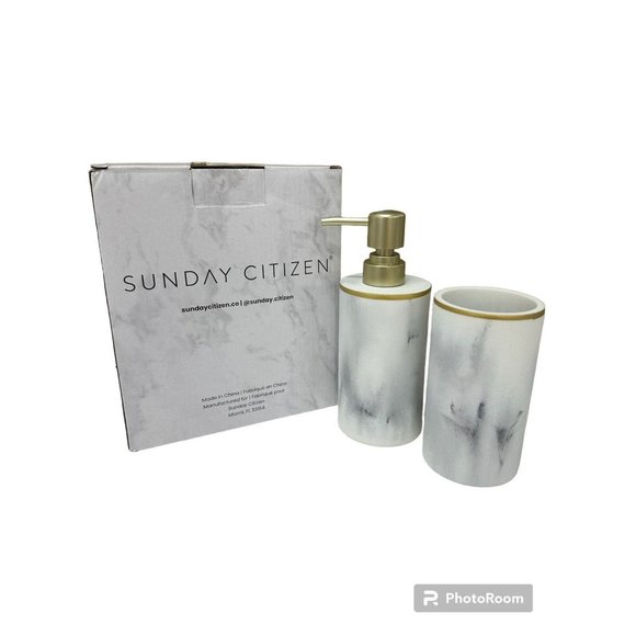 Sunday Citizen Bathroom Set Soap Dispenser Toothbrush Cup ￼Marble Look New w Box - Picture 1 of 4